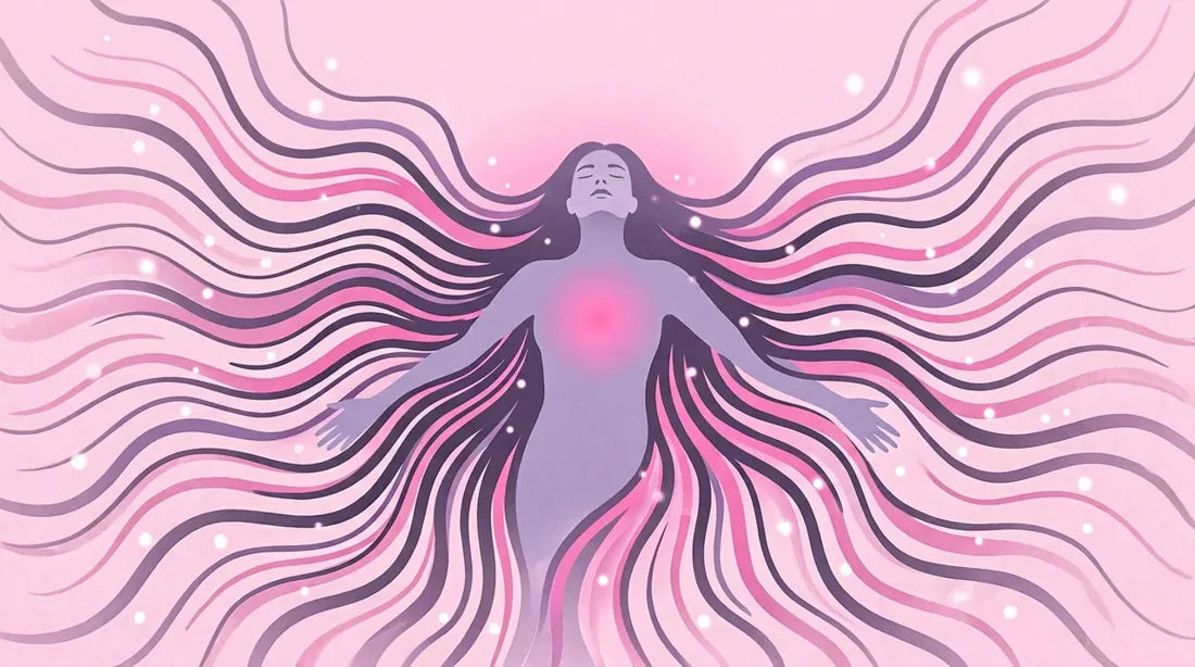 A woman lying back as waves of colour move out from her chest